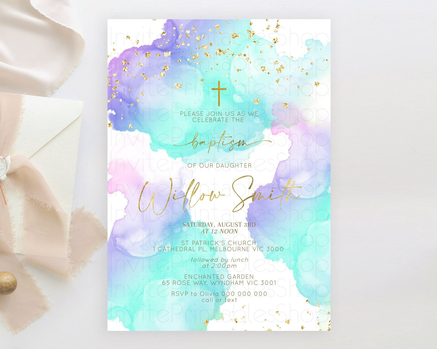 Pastel Baptism Invitation Pastel Colors Watercolor Baptism 1st Birthday Party Gold Ombre Pastel Rainbow Christening Holy Communion D10212