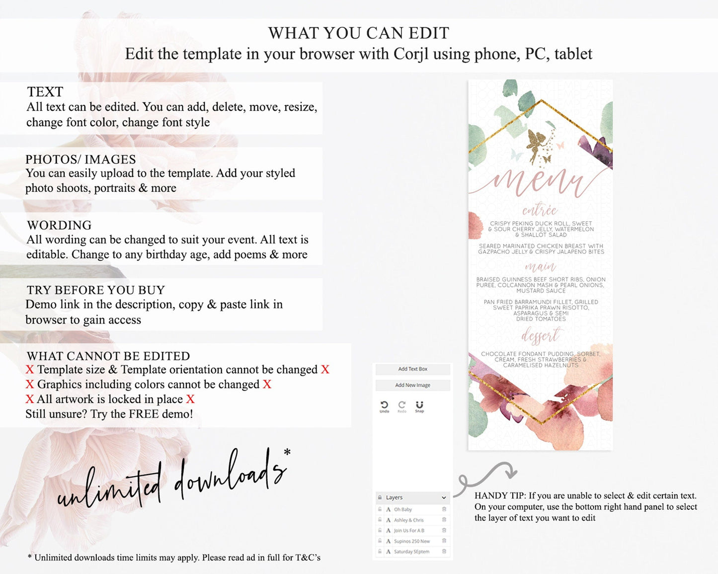 Fairy Menu Fairy Menu Template Enchanted Garden Pastel Floral Butterfly Table Decor Fairy Secret Garden Dinner Dessert Food Menu D10460