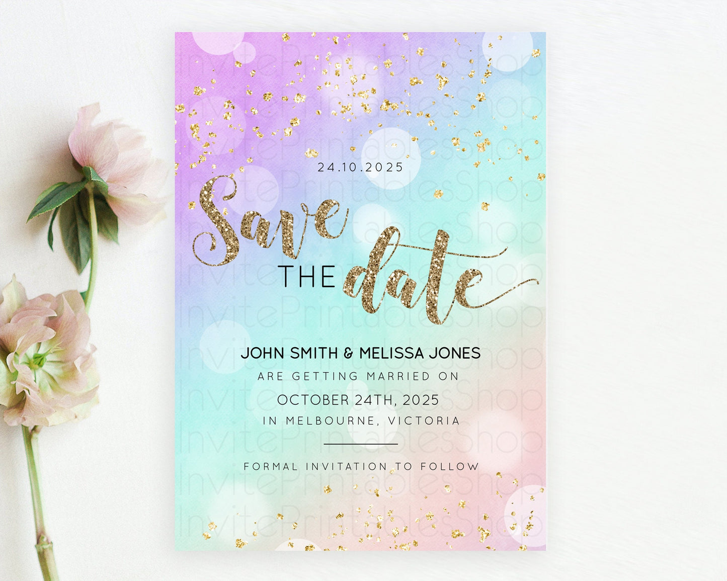 Pastel Save The Date Template Pastel Ombre Rainbow Watercolor Colorful Party For Birthday Baptism Baby Shower Wedding Bridal Shower D10621