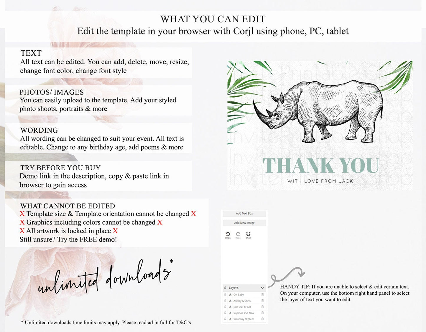 Rhino Thank You Rhino Thank You Card Rhino Birthday Thank You Card Rhino Card Template First Birthday Rhino Teacher Thank You Cards D10848