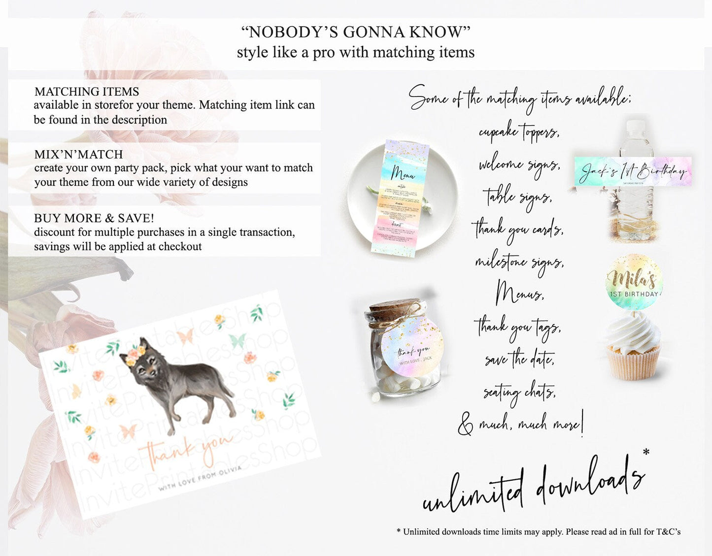 Wolf Thank You Wolf Thank You Card Pastel Floral Wolf Birthday Thank You Card Forest Wolf Party Decor Wolf Birthday Thank You Cards D10362