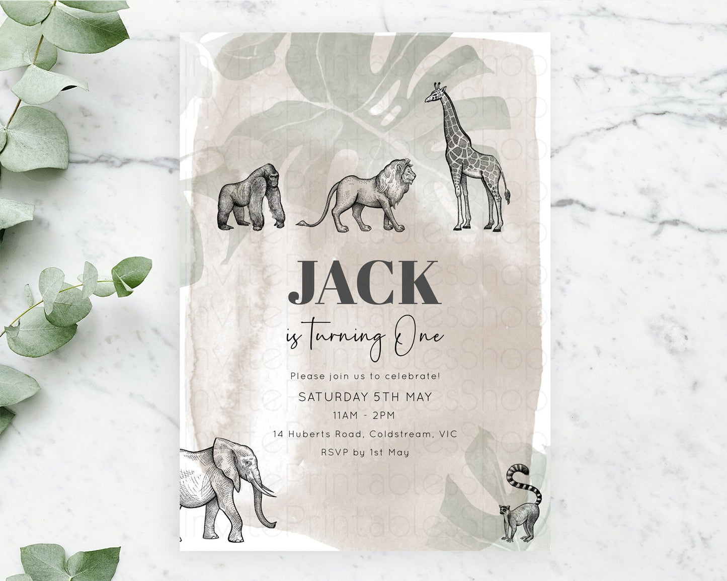 Safari Birthday Invitation Lion Gorilla Elephant Rhino Tropical Palm Jungle Safari Adventure Zoo Party Animal 2nd 1st First Birthday D10822