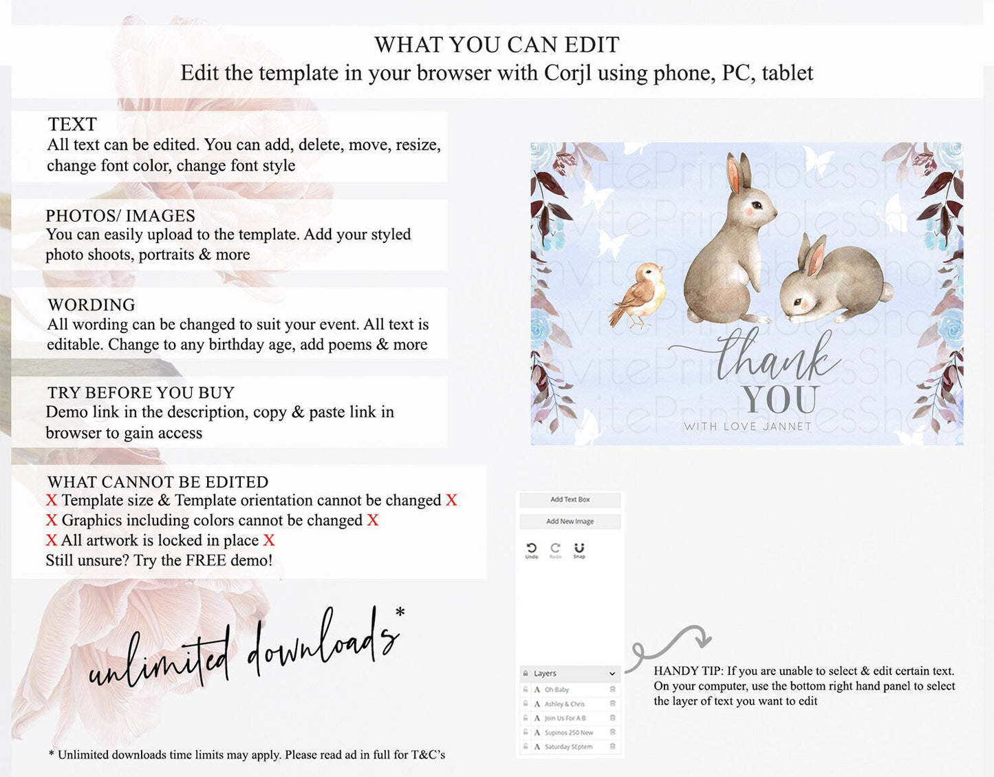 Bunny Thank You Floral Bunny Thank You Card Pastel Flowers Bunny Birthday Thank You Card Secret Garden Bunny Teacher Thank You Cards D10923
