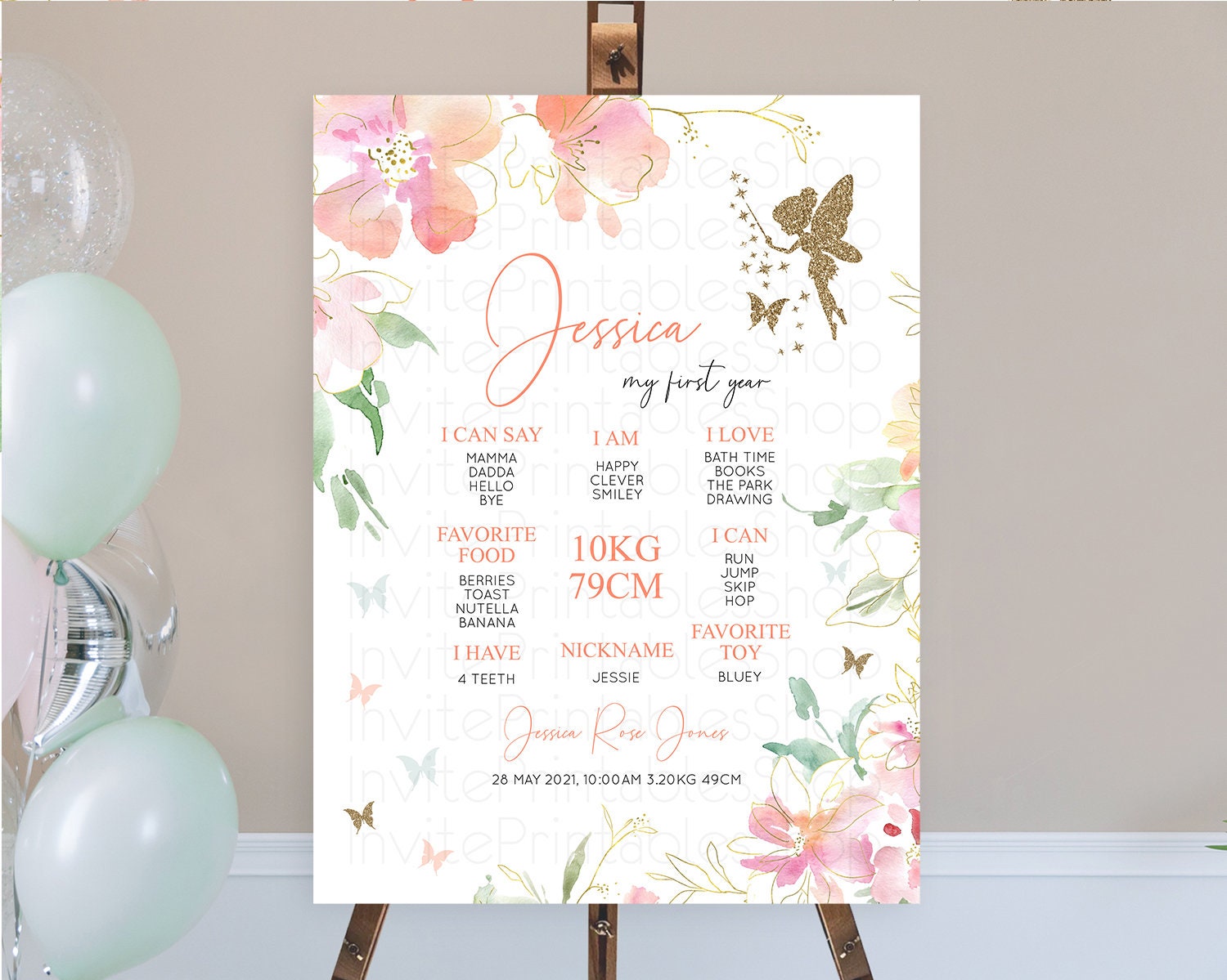 Editable Fairy First Birthday Milestone Poster Fairy Secret Garden Milestone