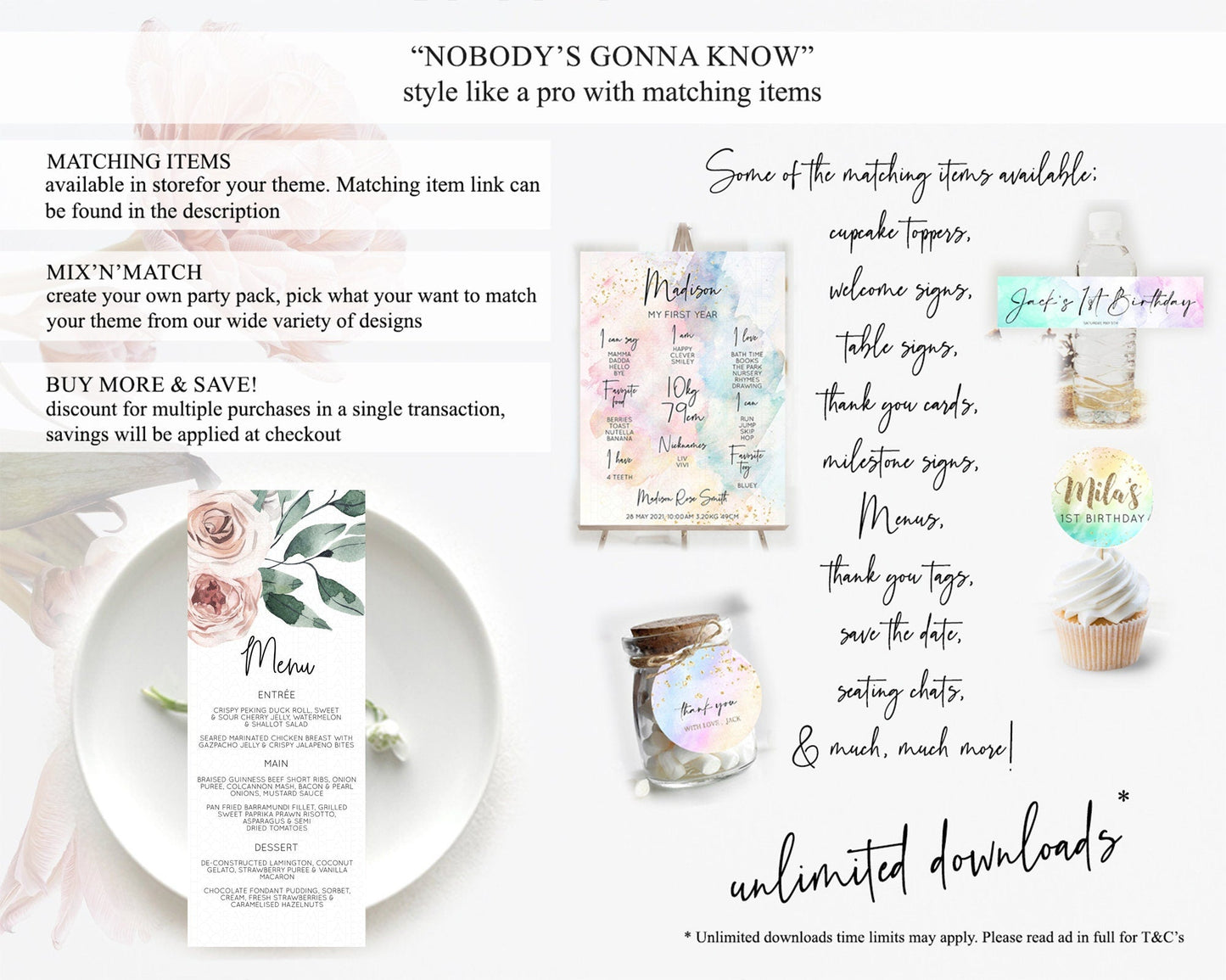 Secret Garden Menu Wildflower Menu Template Pastel Flower Garden Table Decor Boho Floral Dinner Dessert Floral Party Food Menu D11061