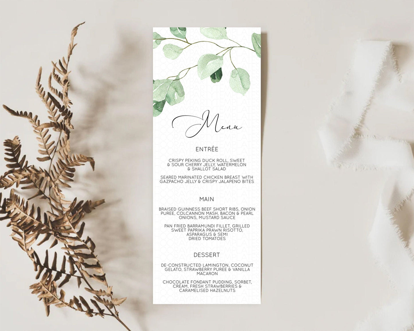Leafy Menu Green Leaf Menu Template Eucalyptus Fern Leaves Decor Watercolor Boho Garden Leaf Branch Dinner Dessert Party Food Menu D11054