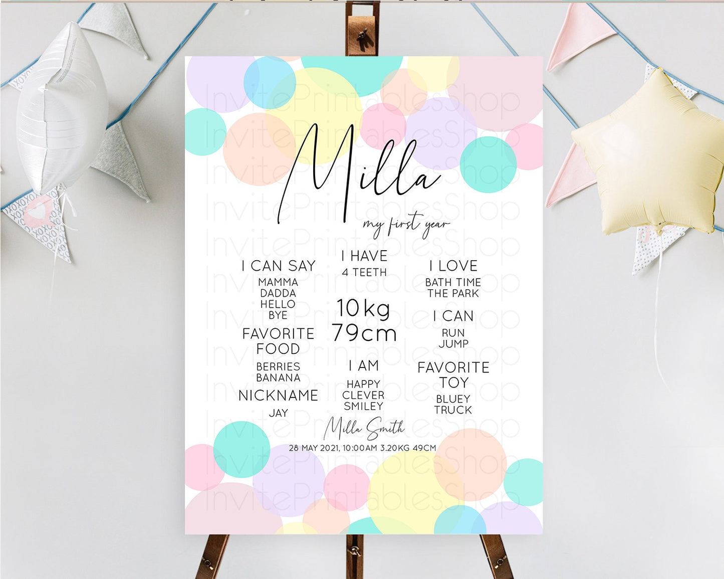 Pastel First Birthday Milestone Poster Pastel Rainbow Confetti First Birthday Milestone Board Colorful Bubbles Birthday Welcome Sign D10784