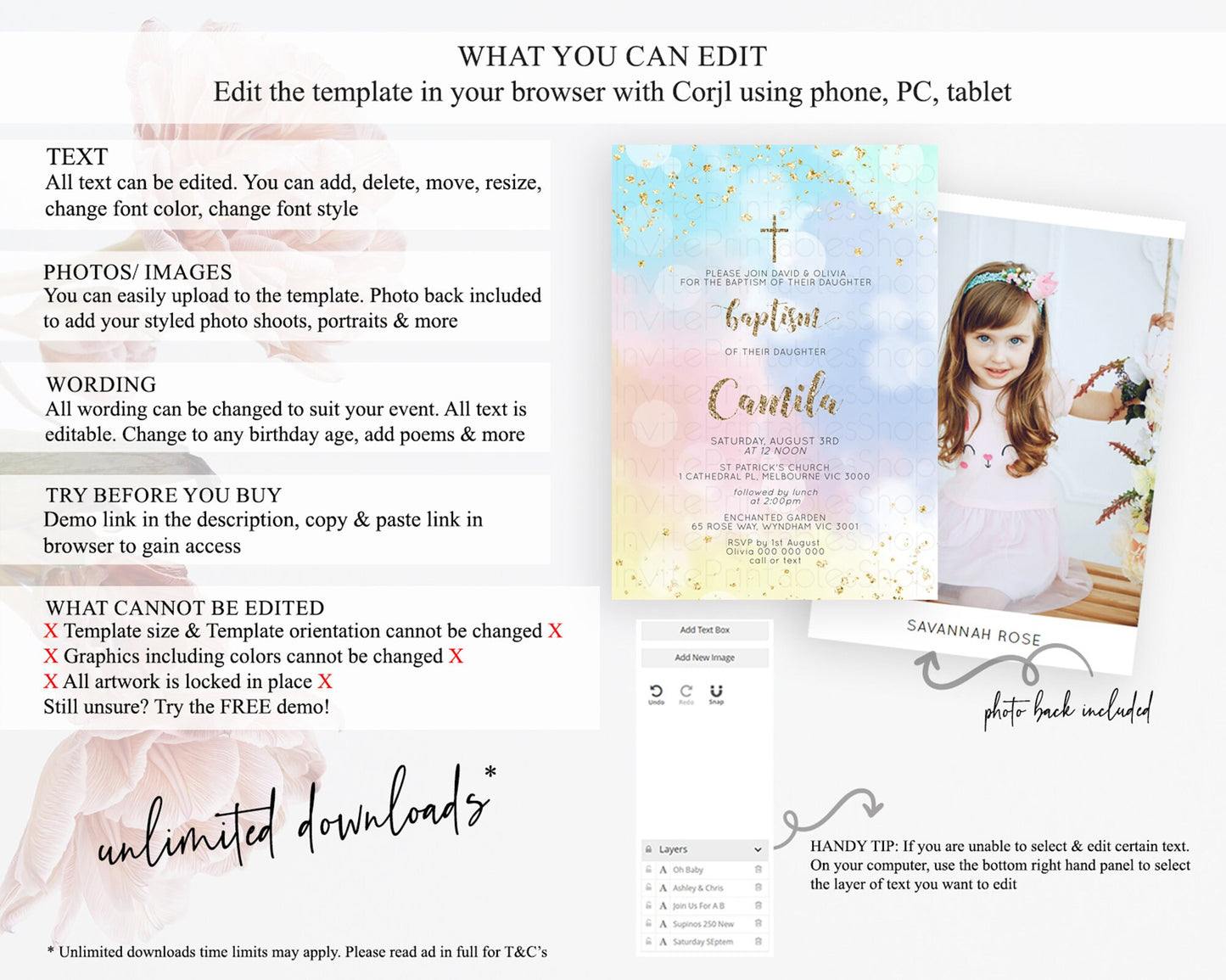 Pastel Baptism Invitation Pastel Colors Watercolor Baptism 1st Birthday Party Gold Ombre Pastel Rainbow Christening Holy Communion D10367