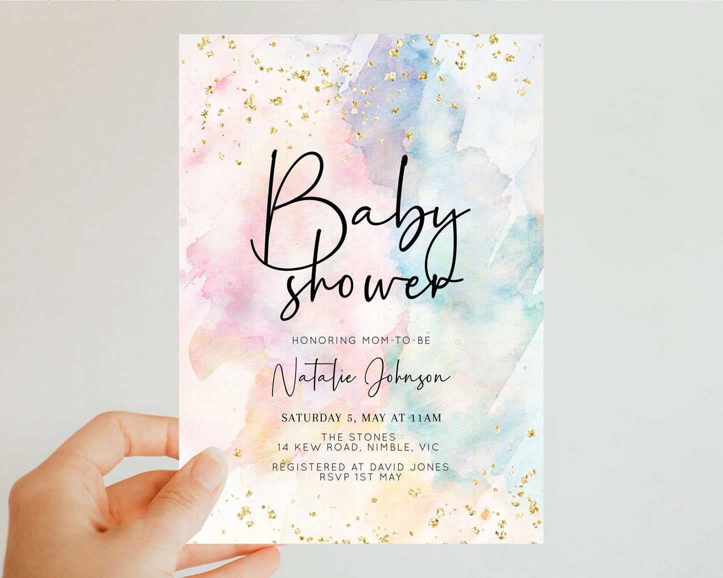 Rainbow Baby Shower Invitation Pastel Baby Shower Invitation Watercolor Ombre Invitation Rainbow Pastel Colors Invite Glitter Confetti 276