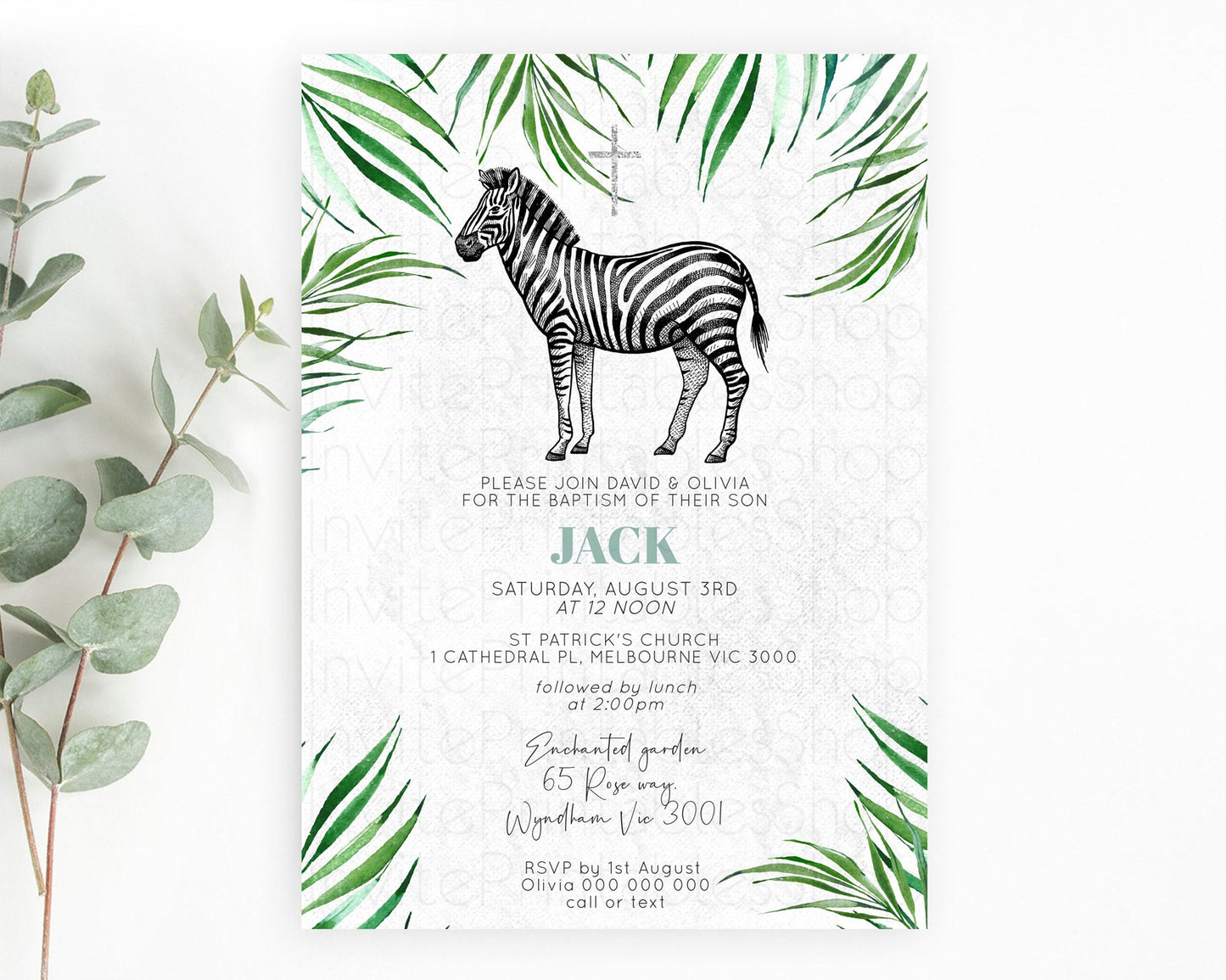 Zebra Baptism Invitation Zebra Baptism 1st Birthday Invitation Jungle Safari Christening Invite Watercolor Tropical Zoo Adventure D10844