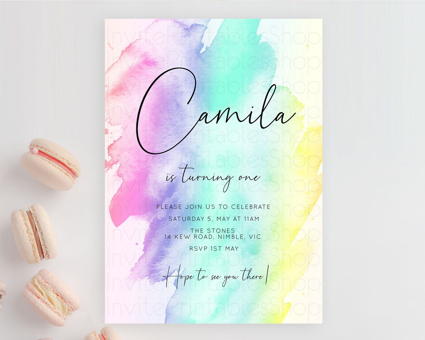 Rainbow Birthday Invitation Colorful Pastel Watercolor Invitation Gold Glitter Sprinkles Ombre Pastel 1st 2nd 3rd Birthday D10231