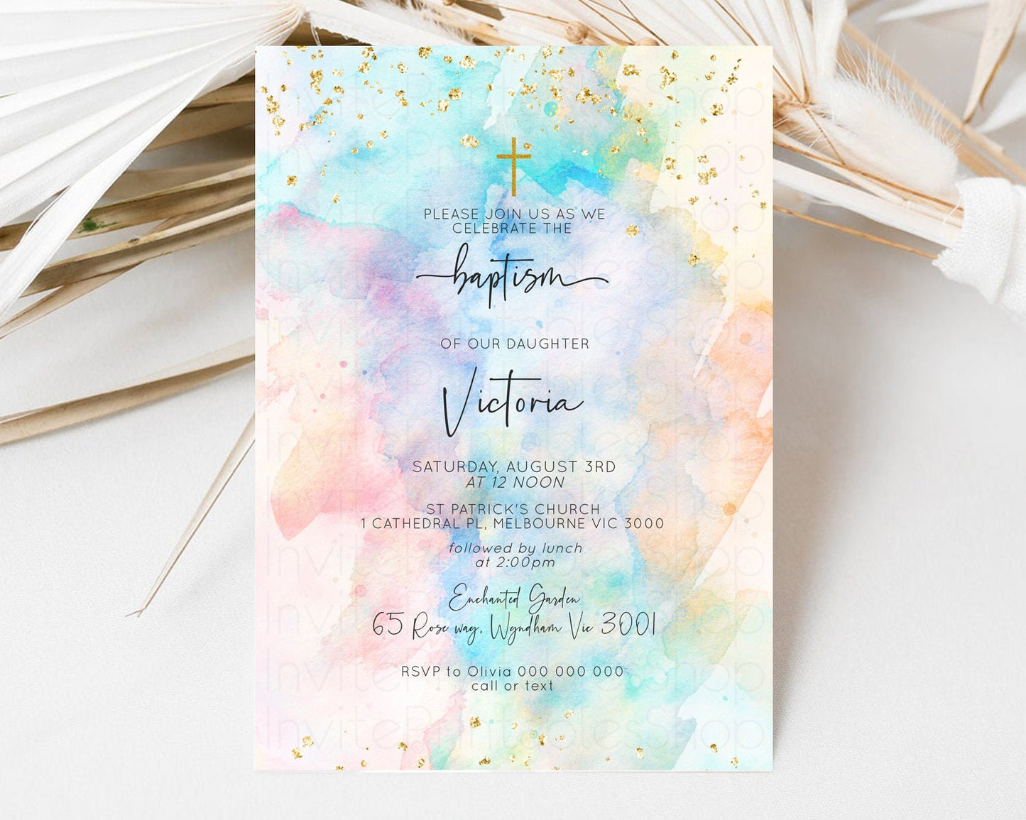 Rainbow Baptism invitation Pastel Rainbow Christening Invite Ombre Watercolor Invite Gold Glitter Sprinkle Splash Cross Religious 276v3