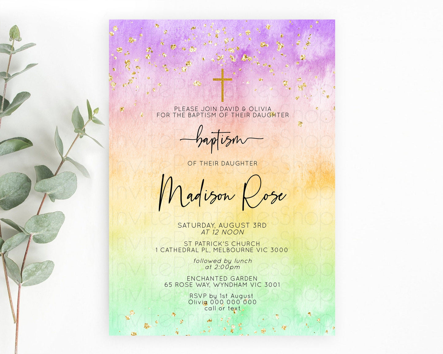 Pastel Baptism Invitation Pastel Colors Watercolor Baptism 1st Birthday Party Gold Ombre Pastel Rainbow Christening Holy Communion D10514