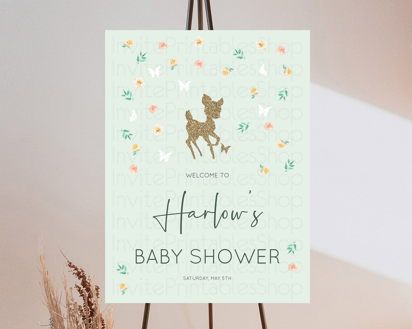 Fawn Baby Shower Welcome Sign Deer Welcome Board Floral Deer Welcome Poster Enchanted Forest Butterfly Pastel Floral Welcome Sign D10385