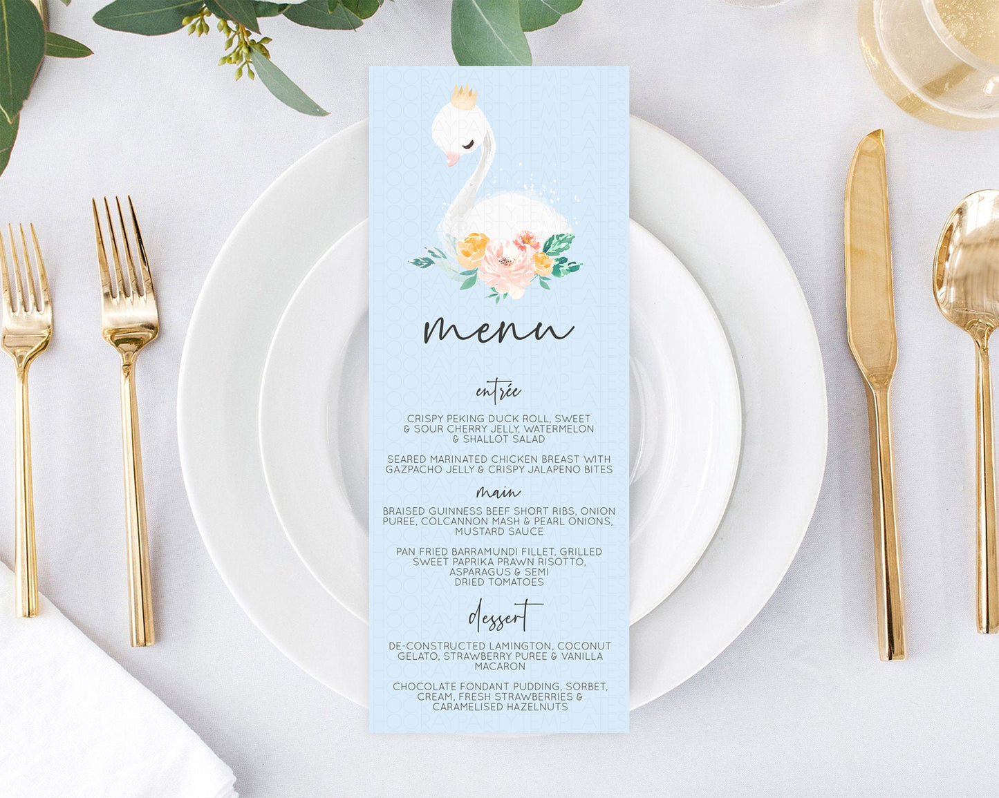 Swan Menu Swan Princess Ballet Menu Template Enchanted Swan Lake Table Decor Secret Garden Pastel Floral Dinner Dessert Food Menu  D10903