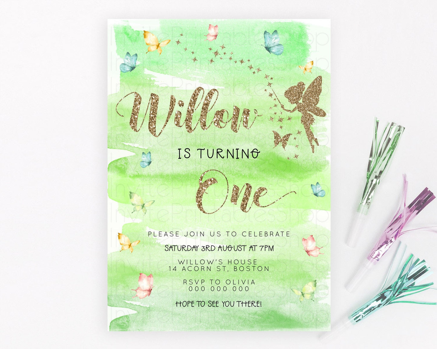 Pastel Fairy Birthday Invitation Pastel Butterflies Fairy Birthday Invitation Rainbow Ombre Watercolor 1st 2nd Birthday Invitation D23328