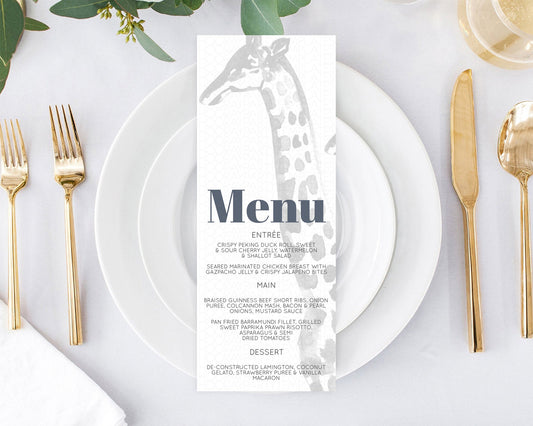 Giraffe Menu Giraffe Menu Template Giraffe Party Table Decor Safari Adventure Decor Zoo Giraffe Dinner Dessert Party Food Menu D10306