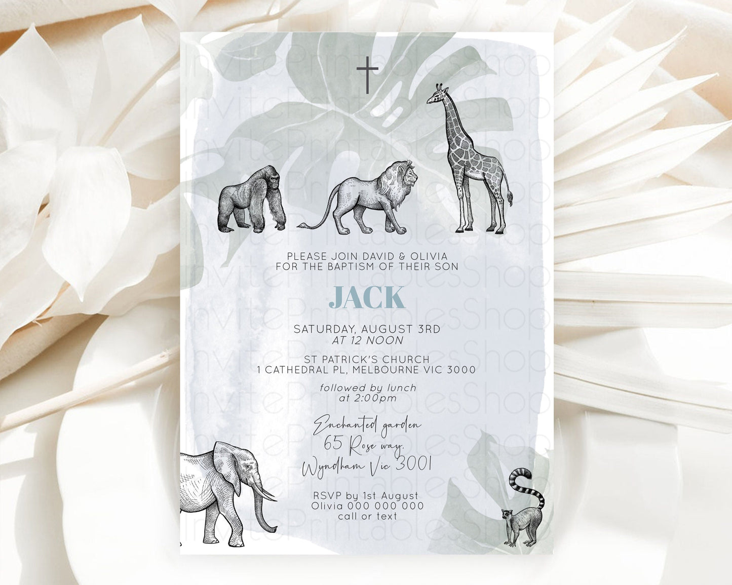 Safari Baptism Invitation Safari Adventure Baptism Birthday Invitation Lion Gorilla Elephant Rhino Tropical Palm Jungle Adventure D10821