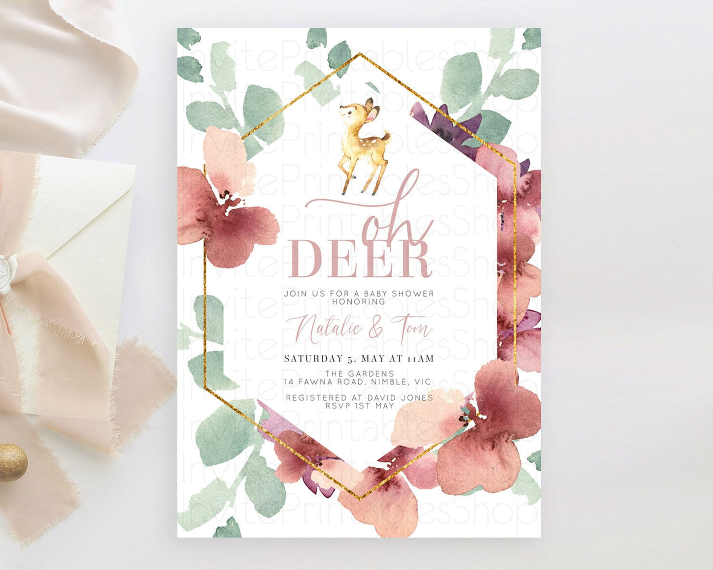 Fawn Baby Shower Invitation Deer Baby Shower Invites Enchanted Forest Theme Butterfly Pastel Flowers Whimsical Baby Shower D10915