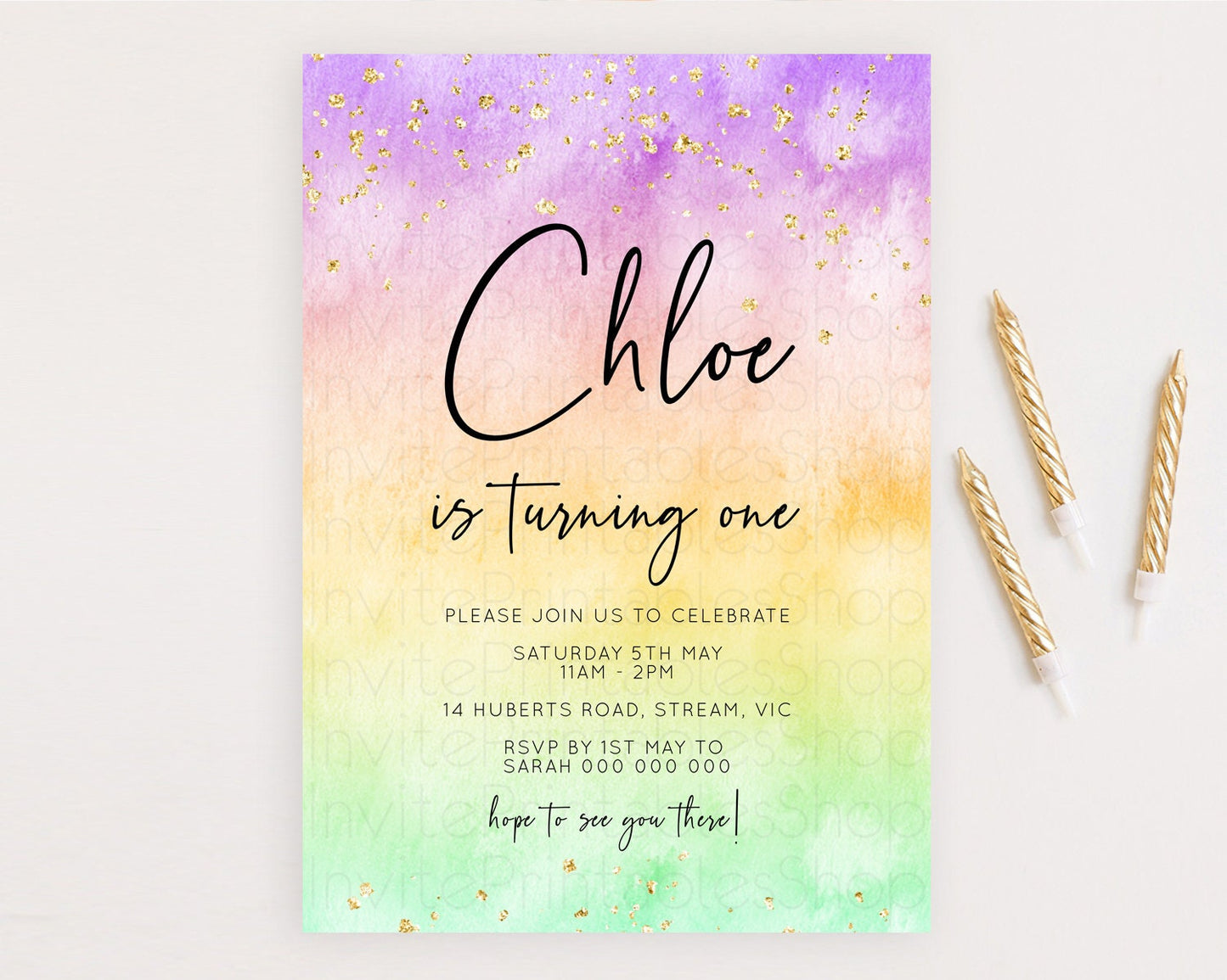 Rainbow Birthday Invitation Colorful Pastel Watercolor Invitation Gold Glitter Sprinkles Ombre Pastel 1st 2nd 3rd Birthday D10514