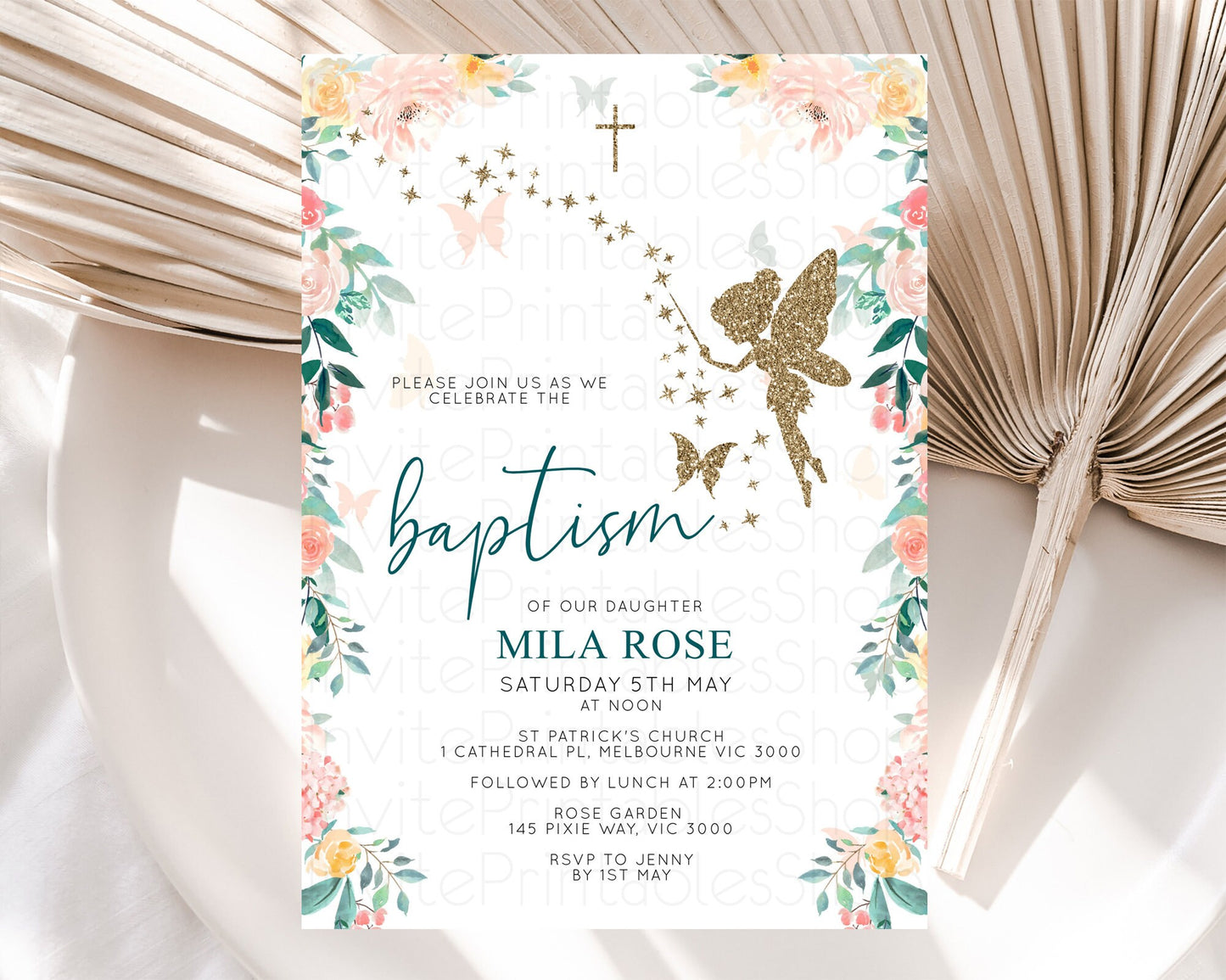 Fairy Baptism Invitation Fairy Baptism 1st Birthday Invitation Enchanted Secret Garden Christening Invite Pastel Floral Butterfly D10239