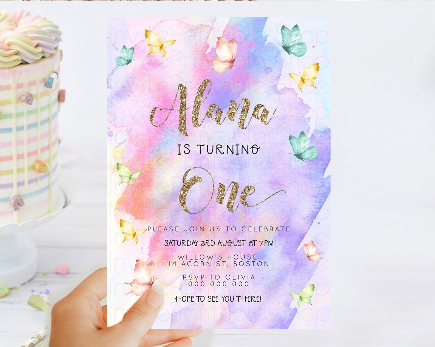 Pastel Butterfly Birthday Invitation Butterfly Birthday Invitation Colorful Splash Glitter Butterfly Garden 1st 2nd Birthday D23247