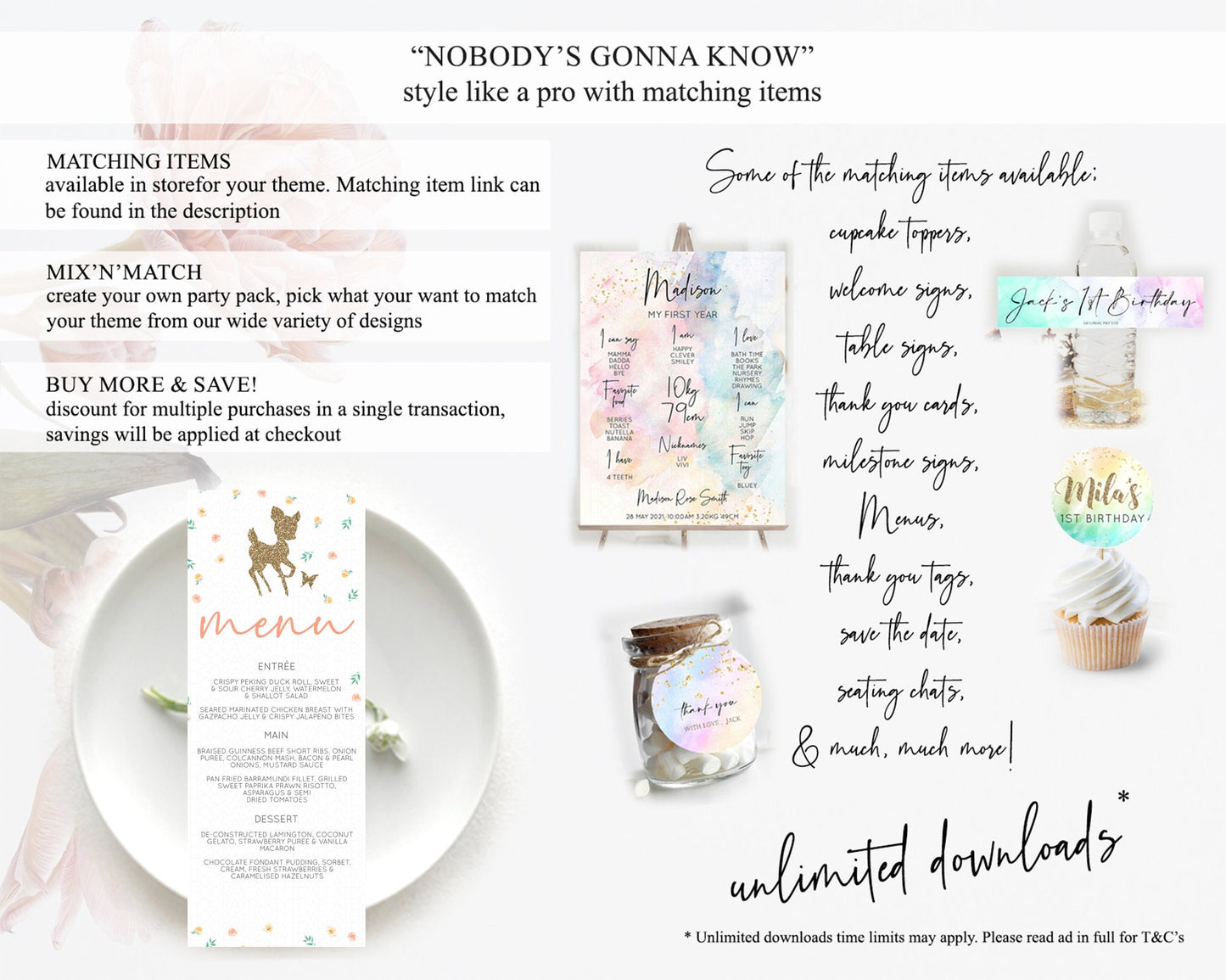 Fawn Menu Deer Menu Template Pastel Floral Deer Table Decor Enchanted Forest Butterfly Floral Dinner Dessert Menu Party Food Menu D10355