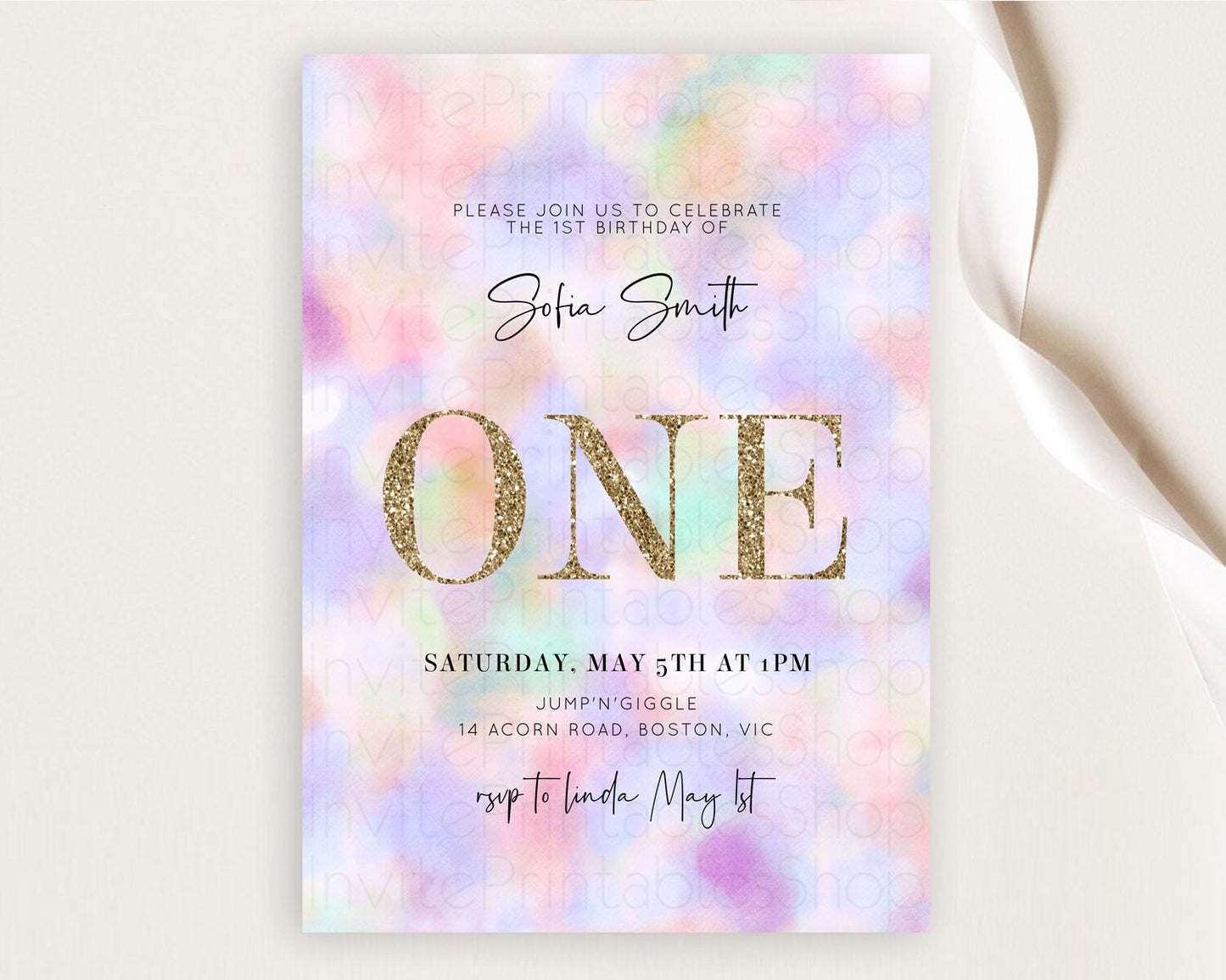 Rainbow Birthday Invitation Colorful Pastel Watercolor Invitation Gold Glitter Sprinkles Ombre Pastel 1st 2nd 3rd Birthday D10697