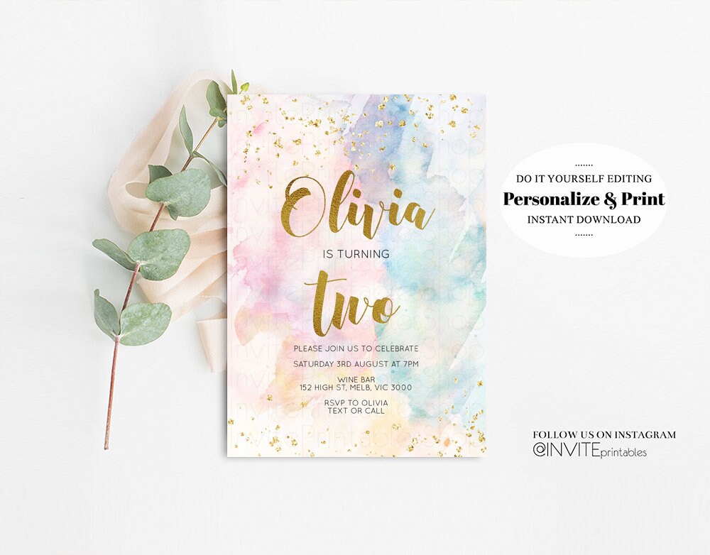 Rainbow Birthday Invitation Colorful Watercolor Gold Glitter Sprinkles Ombre Pastel Invitation 1st 2nd 3rd Printable Editable Invite 276