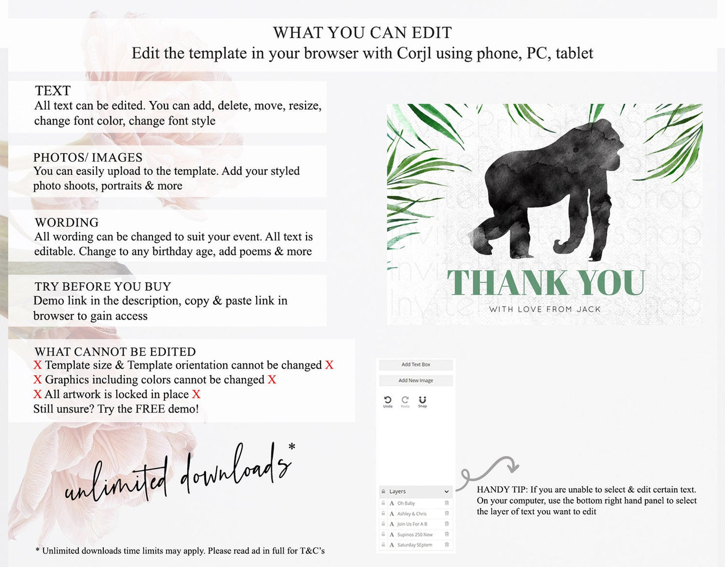 Gorilla Thank You Gorilla Thank You Card Gorilla Party Birthday Thank You Card Safari Card Template Gorilla Teacher Thank You Cards D10840