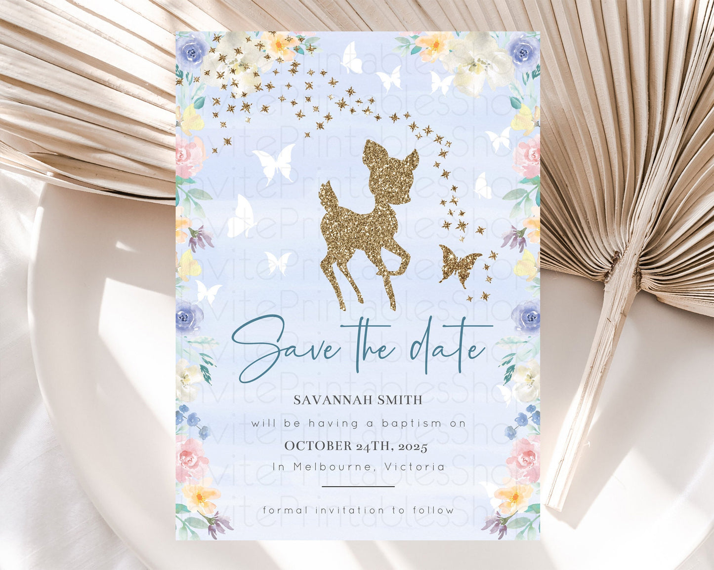 Fawn Deer Save The Date Template Pastel Floral Deer Enchanted Forest Butterfly Party 1st Birthday Baptism Baby Shower Bridal Shower D10879