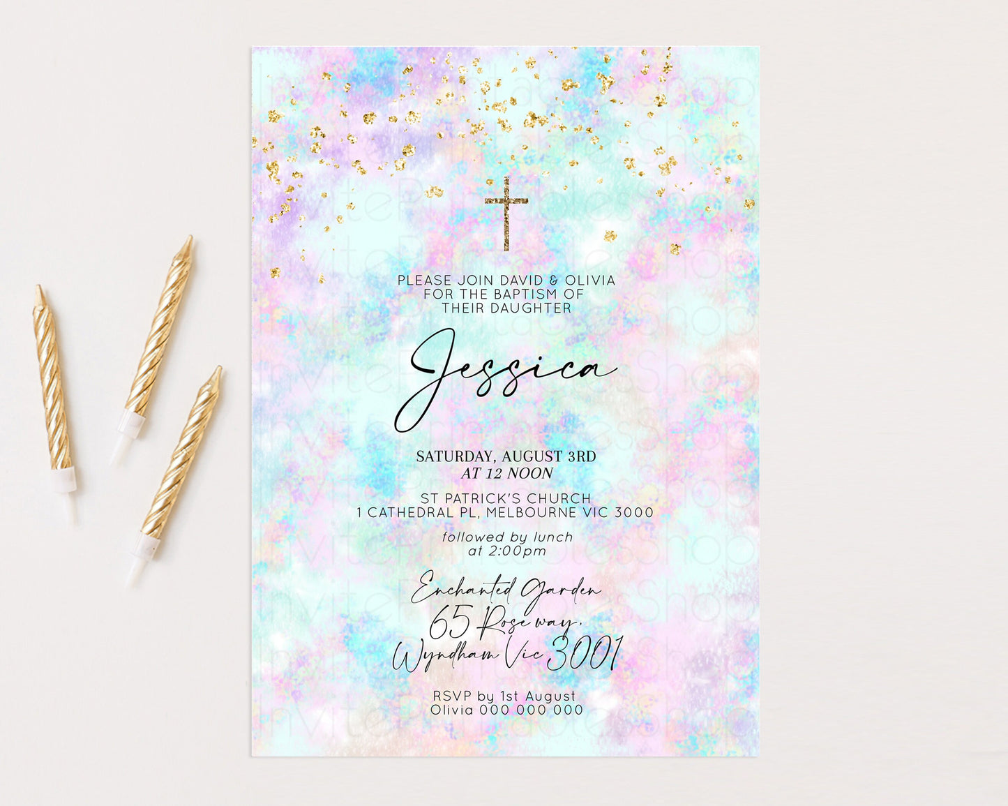 Pastel Baptism Invitation Rainbow Christening Invitation Holy Communion Invite Baptism 1st Birthday Sprinkles Ombre Watercolor Splash 605