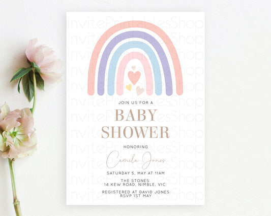 Editable Pastel Rainbow Baby Shower Invitation Boho Rainbow with Cute Hearts