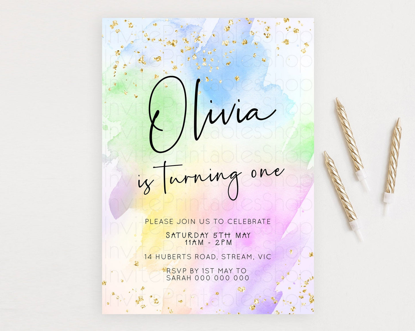 Pastel Birthday Invitation Ombre Watercolor Birthday Invitation Glitter Rainbow Color Splash 1st 2nd 3rd Birthday Invitation D23073