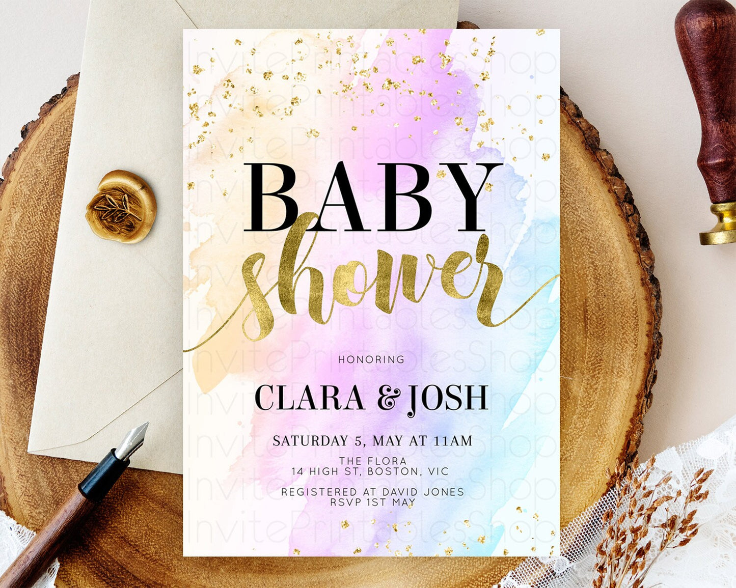 Pastel Baby Shower Invitation Rainbow Baby Shower Invitation Colorful Pastel Watercolor Invitation Gold Glitter Sprinkles Ombre D11027