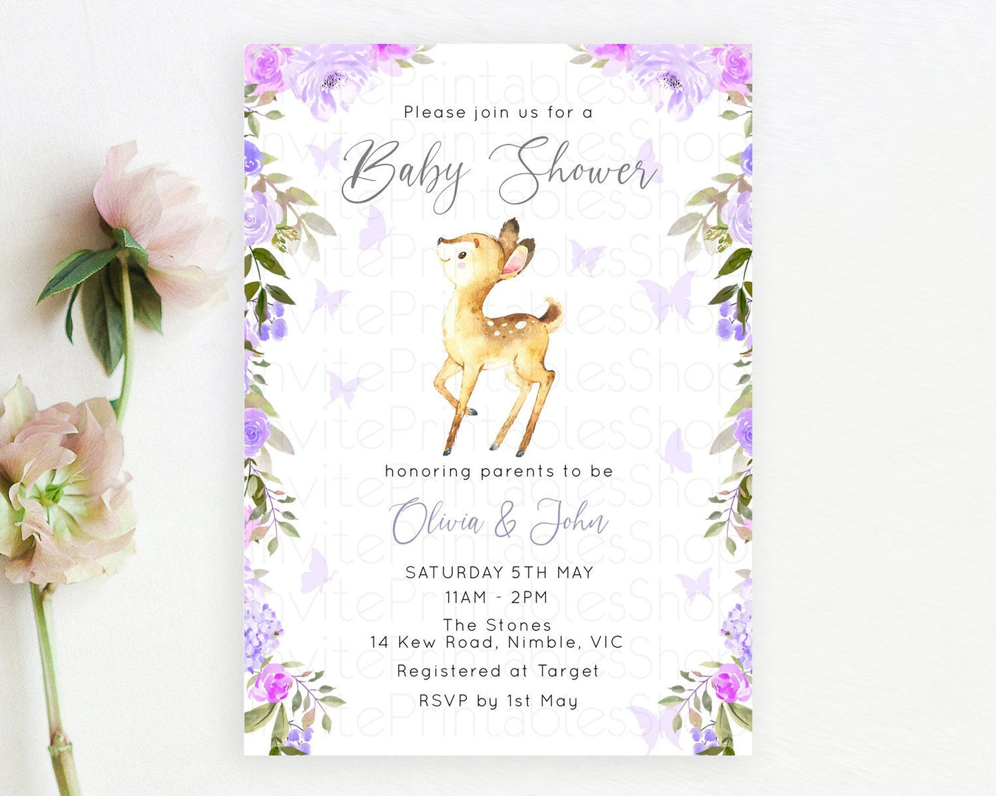 Enchanted Forest Baby Shower Invitation: Secret Garden, Fawn, Deer, Butterfly, Soft Purple Pastel Flowers - Whimsical Woodland Theme D10916