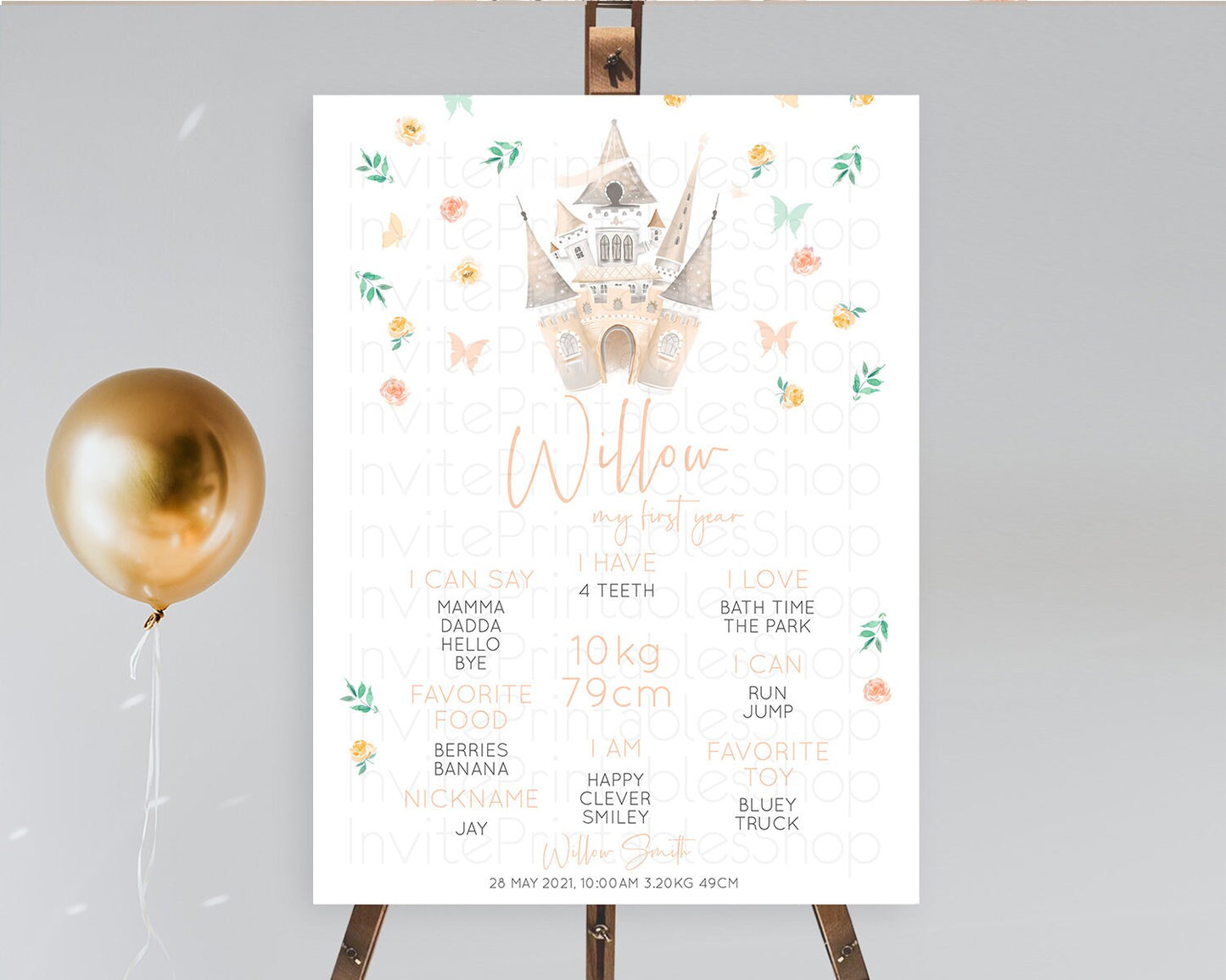 Princess First Birthday Milestone Poster Castle Milestone Board Secret Garden Enchanted Castle Pastel Floral Garden First Birthday D10363