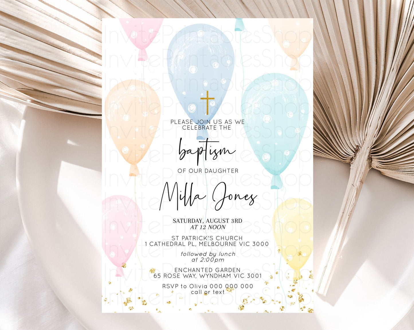 Balloon Baptism Invitation Pastel Baptism 1st Birthday Invitation Pastel Balloon Christening Invite Colorful Rainbow Balloon Invites D10776