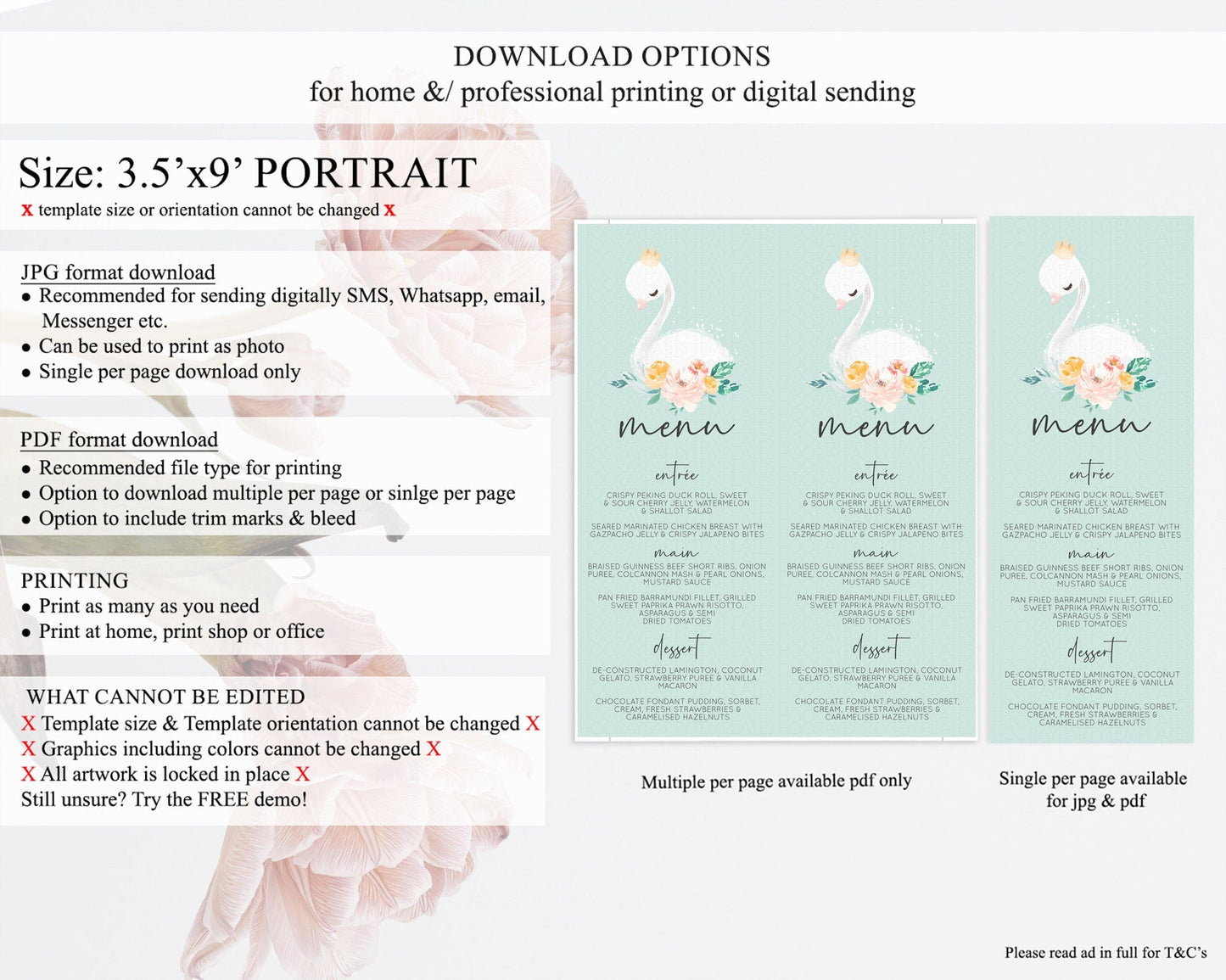 Swan Menu Swan Princess Ballet Menu Template Enchanted Swan Lake Table Decor Secret Garden Pastel Floral Dinner Dessert Food Menu D10905