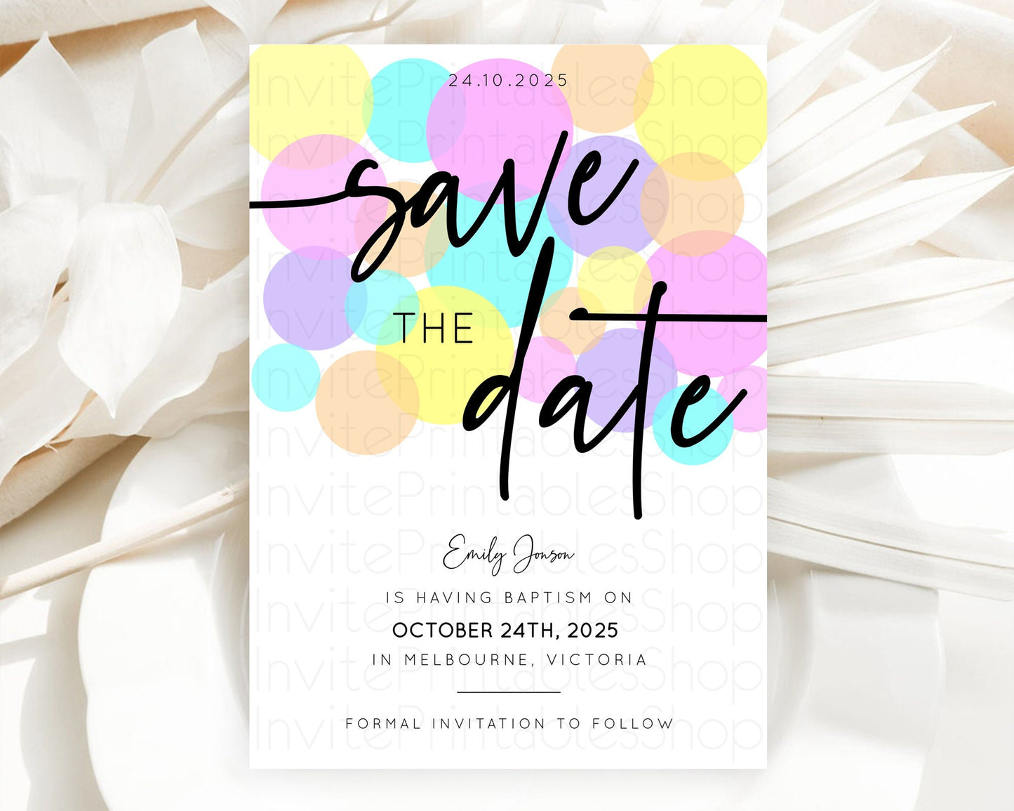 Pastel Confetti Save The Date Template Rainbow Colorful Sprinkles Party For 1st Birthday Baptism Baby Shower Wedding Bridal Shower D10407