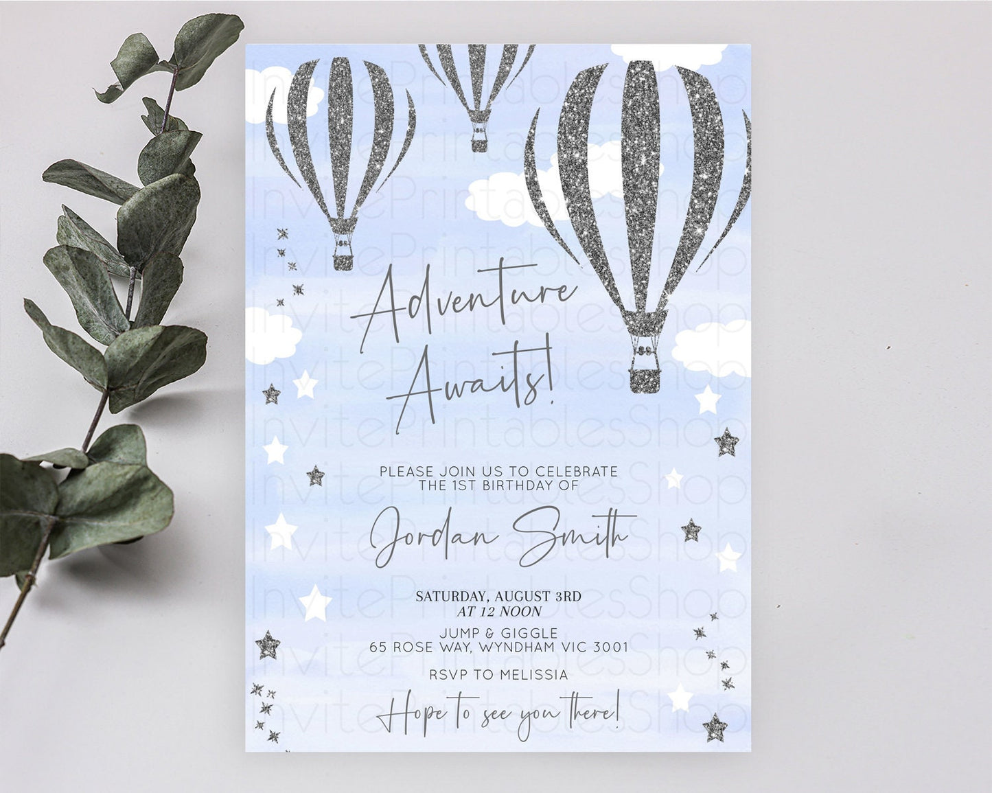 Hot Air Balloon Birthday Invitation Hot Air Balloon Invites Adventure Awaits Up Up & Away Glitter Blue Watercolor 1st Birthday Boy D10334