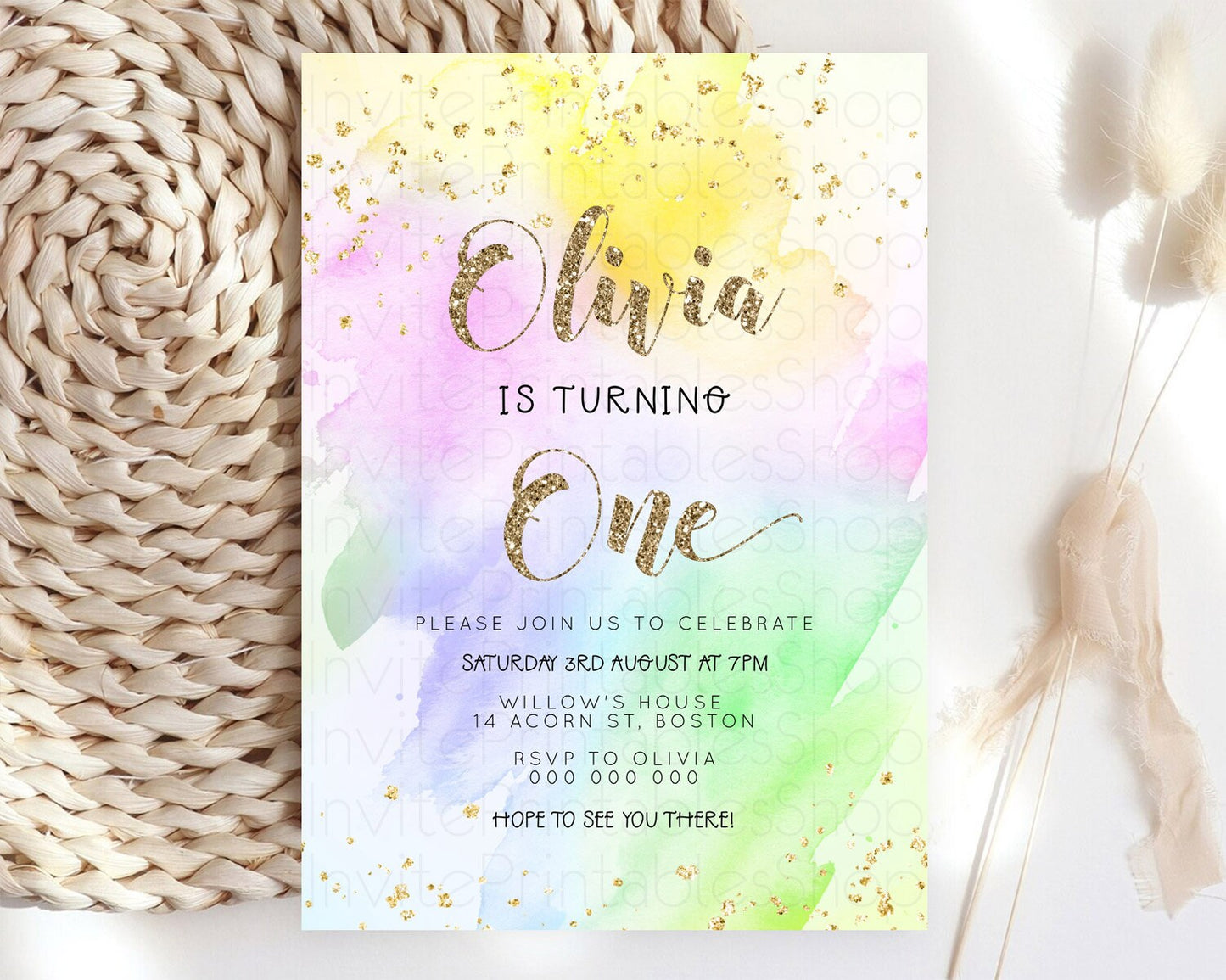 Rainbow Birthday Invitation Colorful Pastel Watercolor Invitation Gold Glitter Sprinkles Ombre Pastel 1st 2nd 3rd Birthday D23305