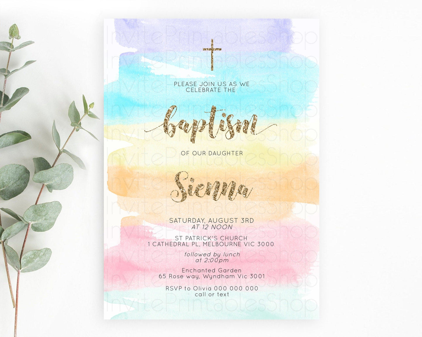 Pastel Baptism Invitation Pastel Colors Watercolor Baptism 1st Birthday Party Gold Ombre Pastel Rainbow Christening Holy Communion D10508
