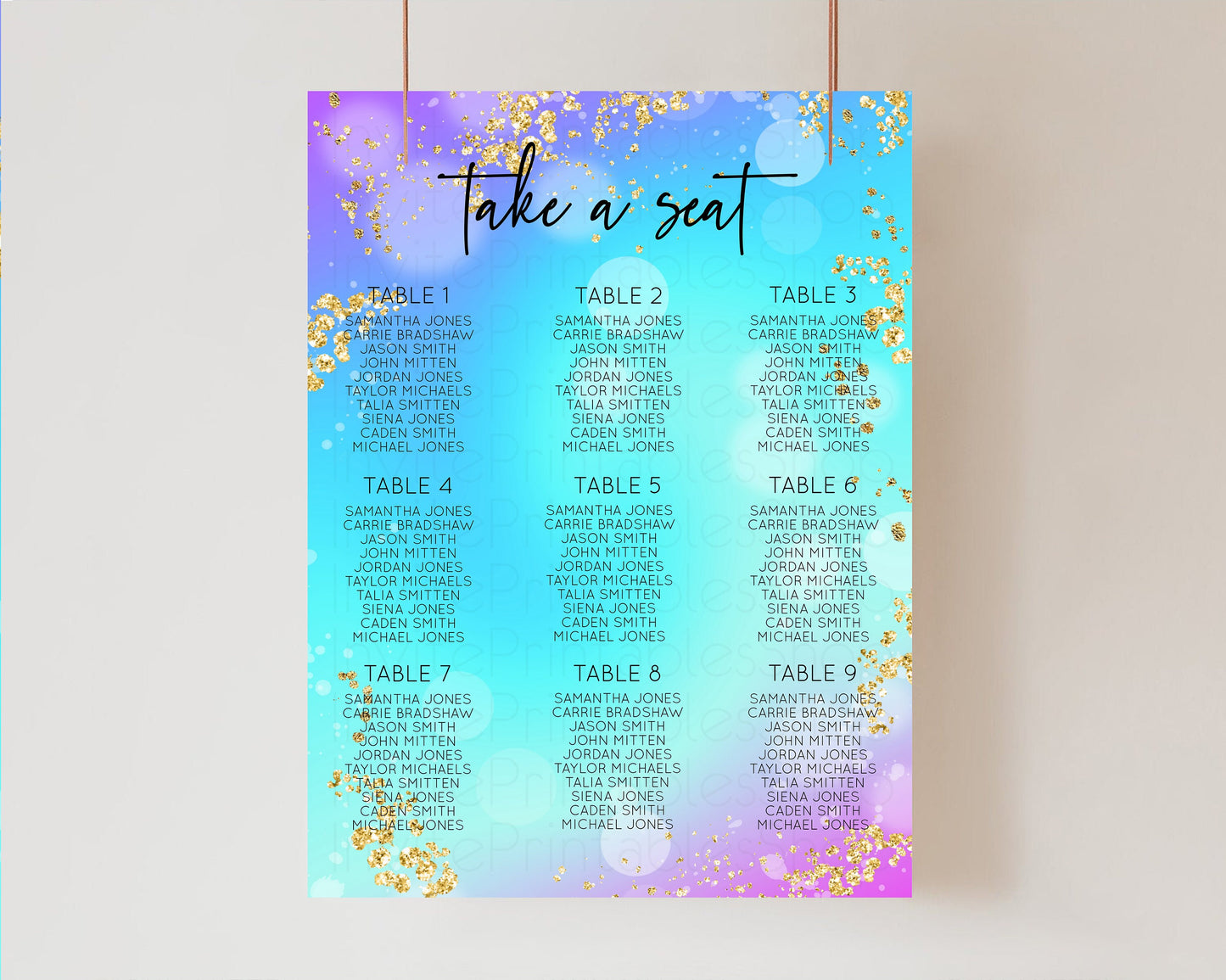 Blue Purple Seating Chart Ombre Watercolor Seating Sign Gold Mermaid Bright Pastel Seating Baby Shower Christening Birthday Baptism 572