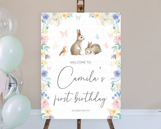 Editable Bunny Welcome Sign Floral Bunny Welcome Board Pastel Flowers Woodla