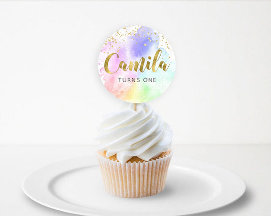 Editable Rainbow Cupcake Toppers Pastel Cupcake Toppers Colorful Pastel Wate