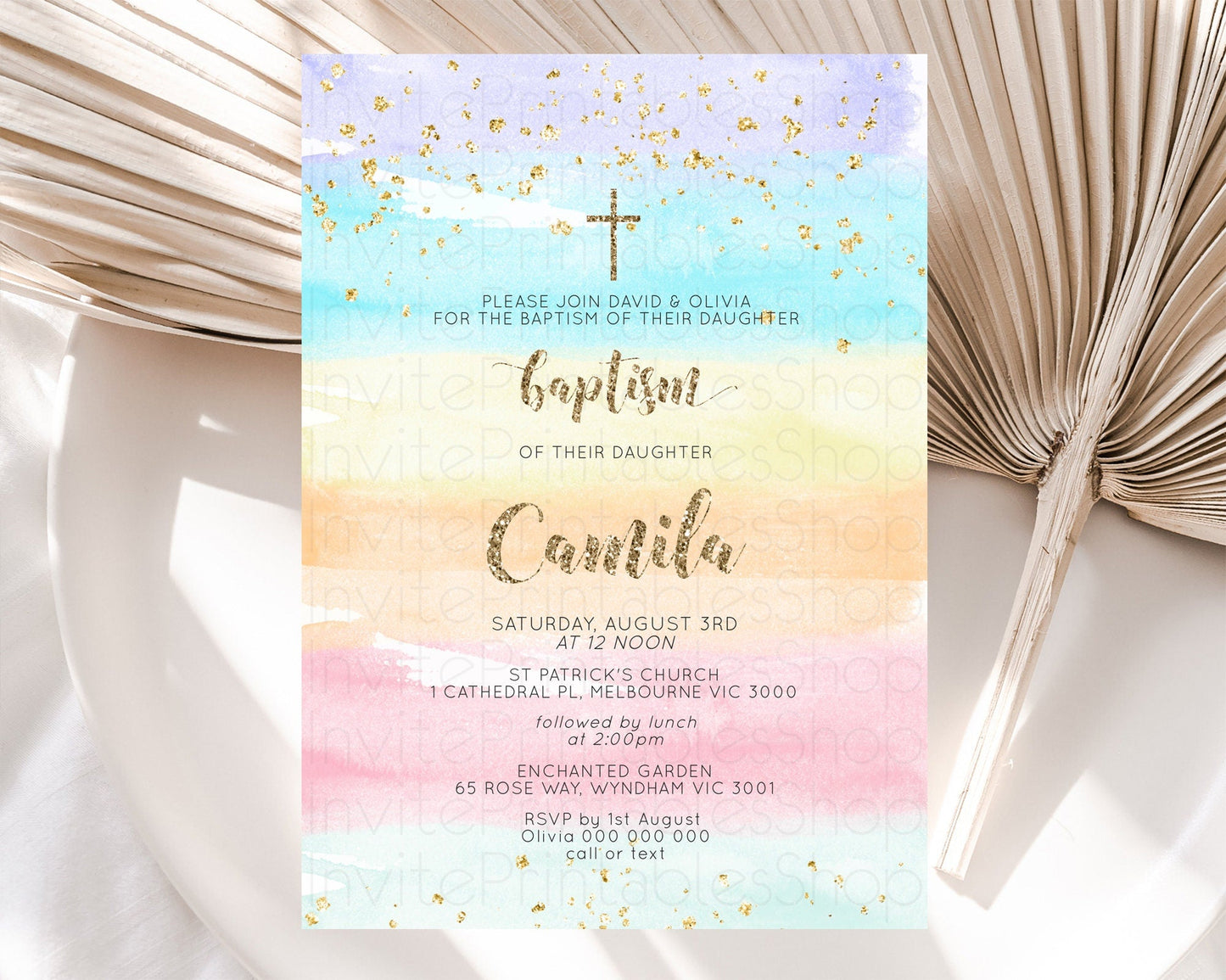 Pastel Baptism Invitation Pastel Colors Watercolor Baptism 1st Birthday Party Gold Ombre Pastel Rainbow Christening Holy Communion D10508