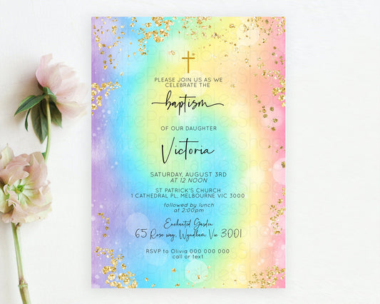 Editable Tie Dye Baptism Invitation Rainbow Baptism 1st Birthday Invitation