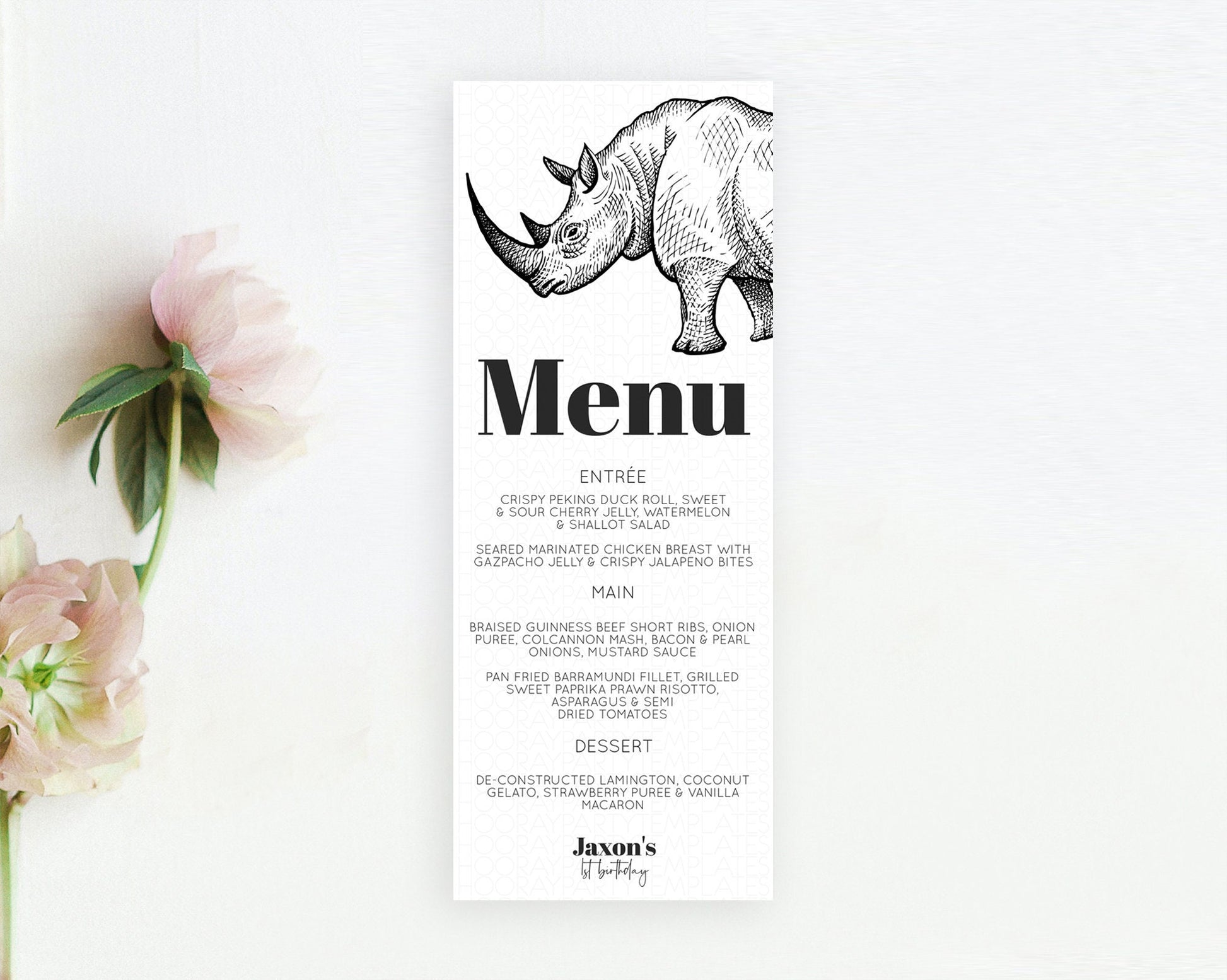 Editable Rhino Menu Rhino Menu Template Rhino Party Table Decor Safari Adven