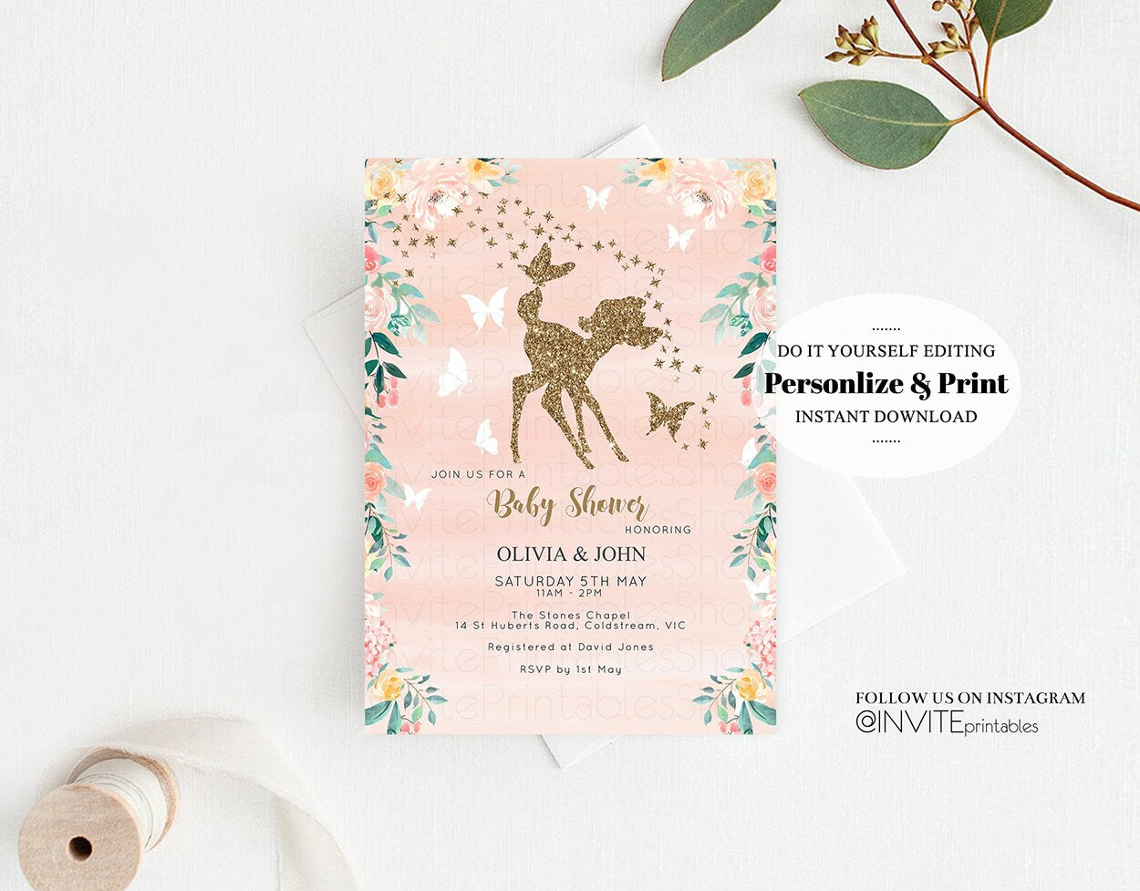 Fawn Baby Shower Invite Deer Baby Shower Invite Deer Invite Fawn Party Invite Pastel Floral Invite Glitter Invite Garden Party Invite